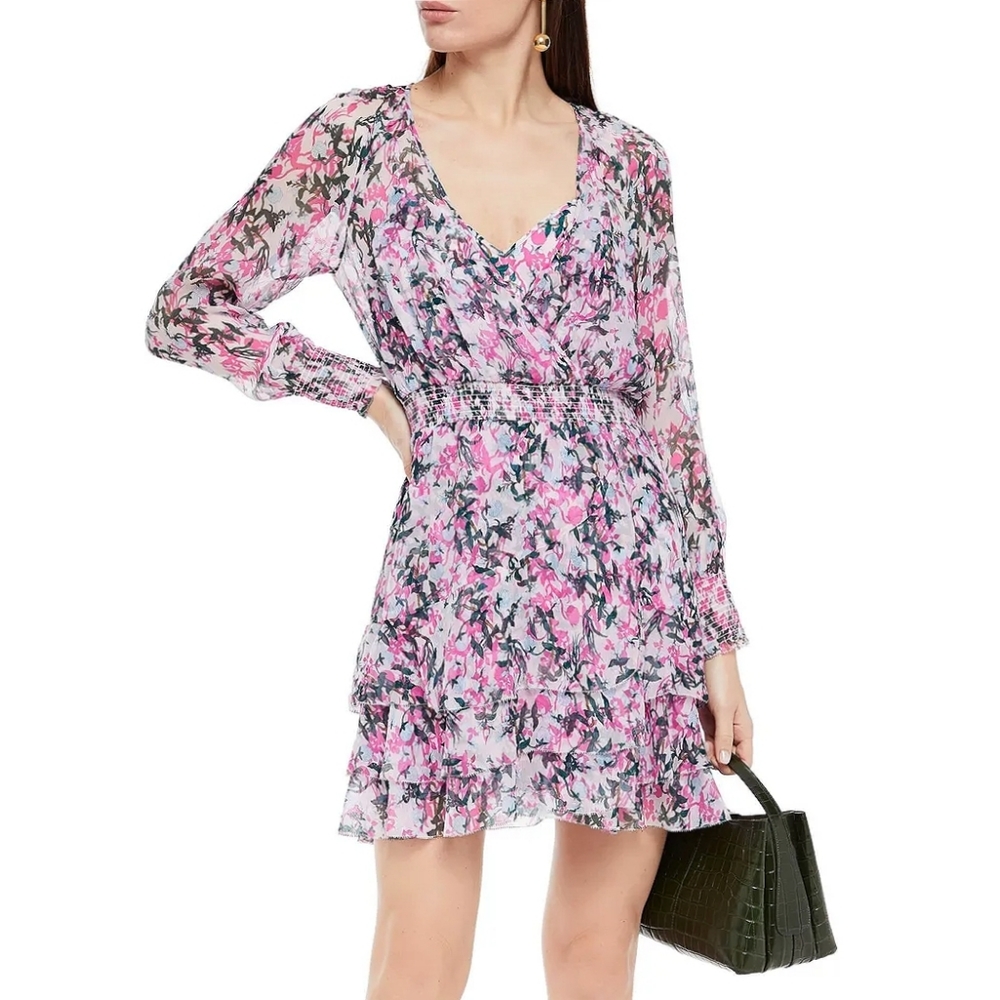 DIANE VON FURSTENBERG Kelby Floral Silk Mini Tiered Ruffle Pink Dress Size XS - Picture 1 of 17